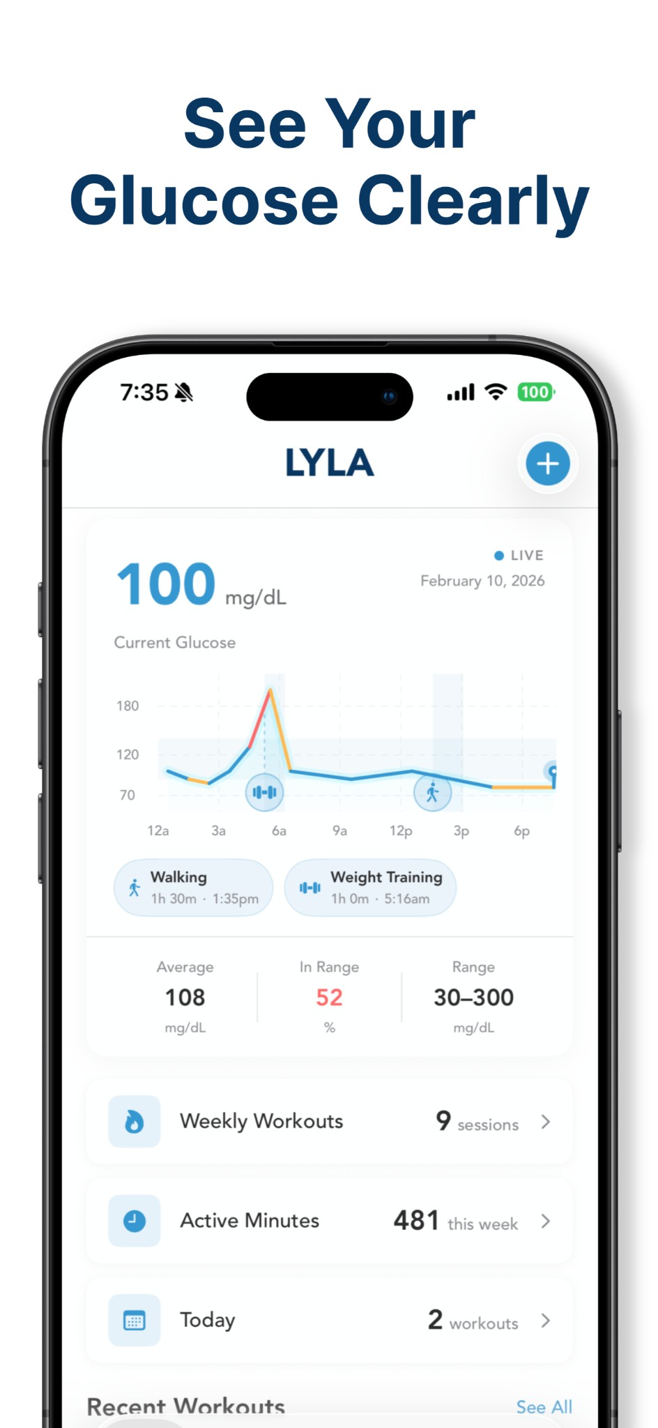 Lyla Biosciences app: CGM and heart rate insights—glucose dashboard, graph, and activity.
